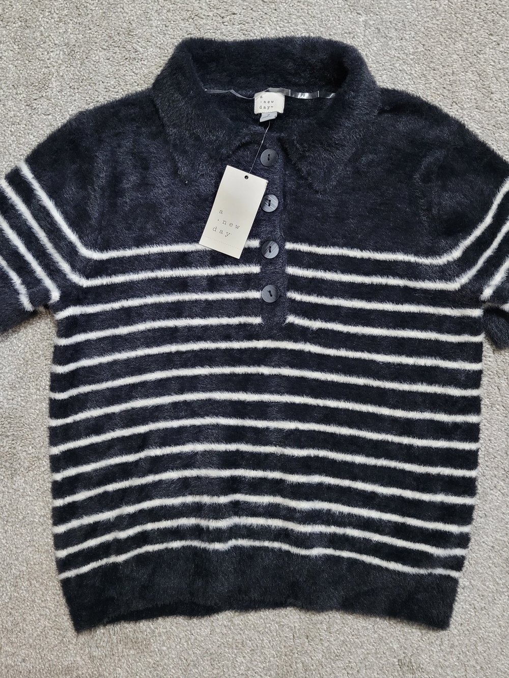 a new day Black & White Striped Fuzzy Polo  Sweater